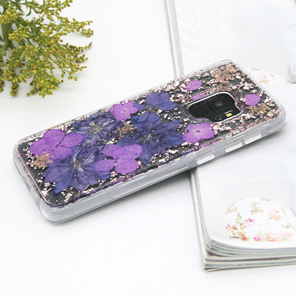 Galaxy S9+ (Plus) Luxury Glitter Dried Natural FLOWER Petal Clear Hybrid Case (Rose Gold Purple)